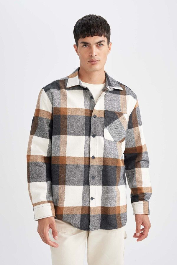 DEFACTO DEFACTO Men's Anthracite Relax Fit Casual Cut Polo Collar Plaid Lumberjack Flannel Long Sleeve Shirt