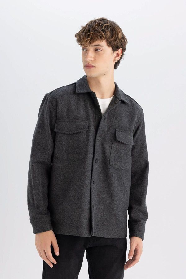 DEFACTO DEFACTO Men's Anthracite Relax Fit Relaxed Cut Acrylic Blend Long Sleeve Shirt Jacket