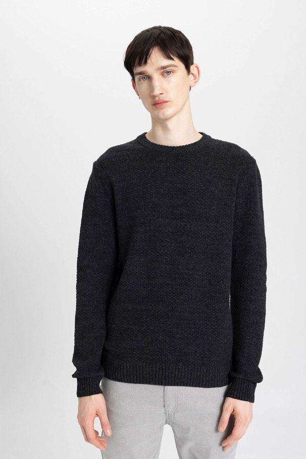 DEFACTO DEFACTO Men's Anthracite Standard Fit Regular Cut Crew Neck Textured Basic Knitwear Sweater