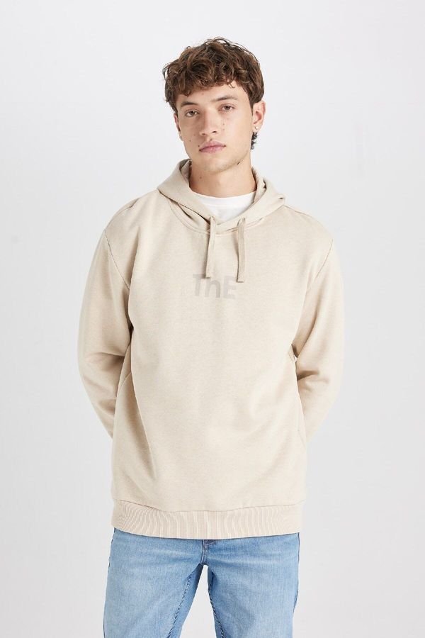 DEFACTO DEFACTO Men's Beige Regular Fit Hooded Printed Sweatshirt