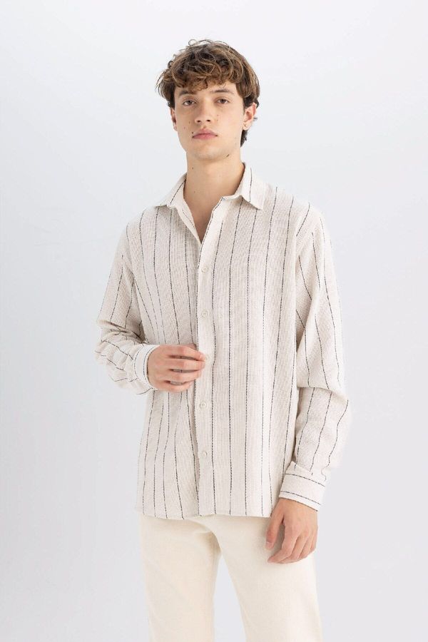 DEFACTO DEFACTO Men's Beige Relax Fit Casual Cut Polo Collar Striped Cotton Blend Long Sleeve Shirt