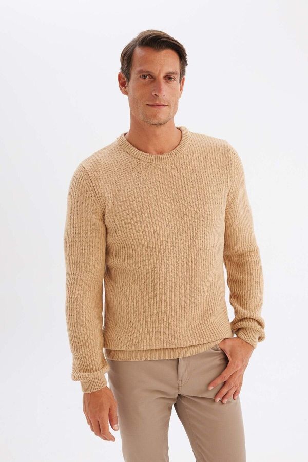 DEFACTO DEFACTO Men's Beige Standard Fit Regular Cut Crew Neck Textured Knitwear Sweater