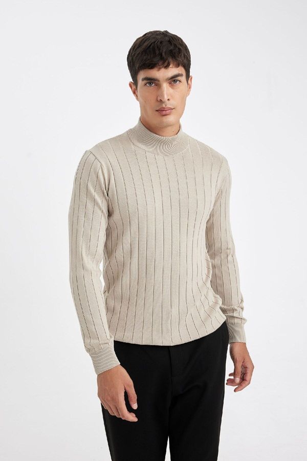 DEFACTO DEFACTO Men's Beige Standard Fit Regular Cut Half Turtleneck Jacquard Knitwear Sweater