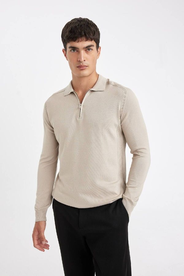 DEFACTO DEFACTO Men's Beige Standard Fit Regular Cut Zippered Polo Neck Knitwear Sweater