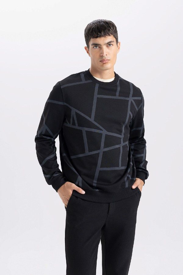 DEFACTO DEFACTO Men's Black Modern Fit Crew Neck Patterned Sweatshirt