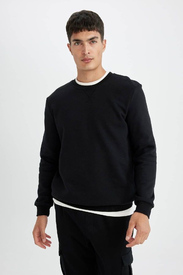 DEFACTO DEFACTO Men's Black Regular Fit Crew Neck Basic Plain Sweatshirt