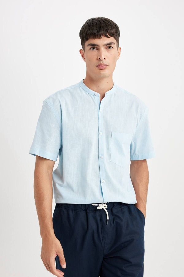 DEFACTO DEFACTO Men's Blue Regular Fit Regular Cut Mandarin Collar Cotton Short Sleeve Shirt