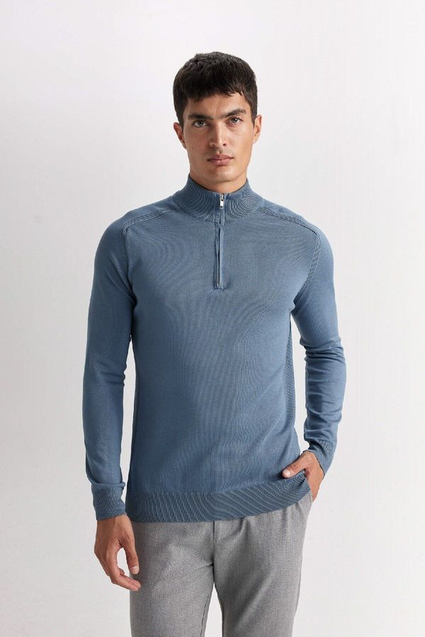 DEFACTO DEFACTO Men's Blue Standard Fit Regular Cut Half Turtleneck Half Zipper Knitwear Sweater