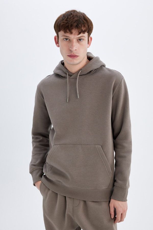 DEFACTO DEFACTO Men's Brown Pocketed Regular Fit Hooded Basic Sweatshirt