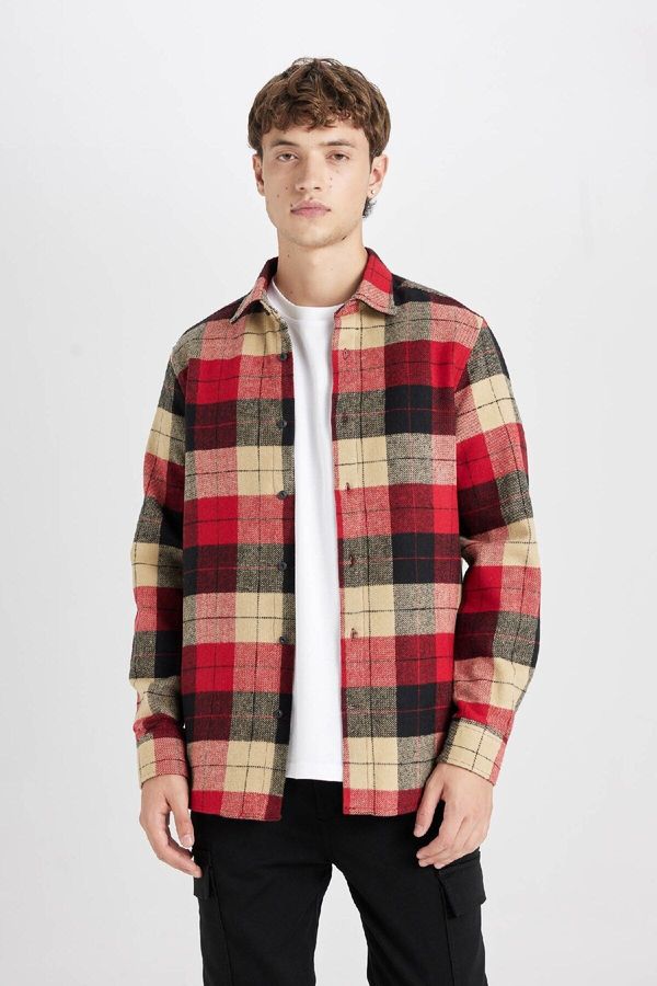 DEFACTO DEFACTO Men's Burgundy Regular Fit Polo Collar Plaid Lumberjack Flannel Long Sleeve Shirt