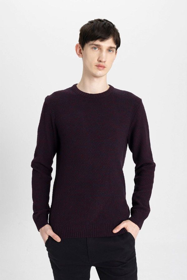 DEFACTO DEFACTO Men's Claret Red Standard Fit Regular Cut Crew Neck Textured Basic Knitwear Sweater