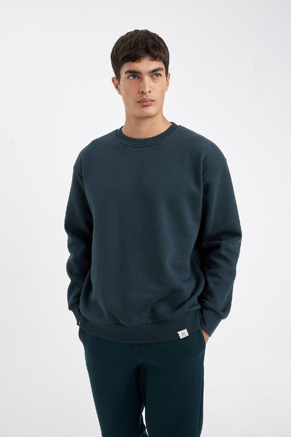 DEFACTO DEFACTO Men's Dark Green Oversize Fit Crew Neck Thick Fabric Basic Plain Sweatshirt