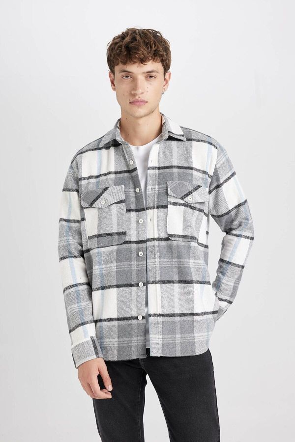 DEFACTO DEFACTO Men's Gray Regular Fit Regular Cut Polo Collar Plaid Lumberjack Flannel Long Sleeve Shirt