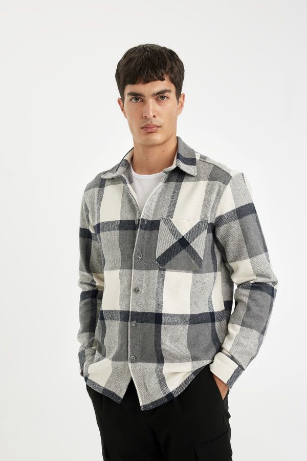 DEFACTO DEFACTO Men's Gray Regular Fit Regular Cut Polo Collar Plaid Lumberjack Flannel Long Sleeve Shirt