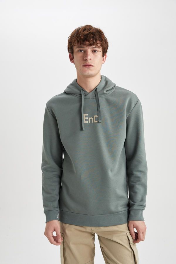 DEFACTO DEFACTO Men's Green Regular Fit Hooded Printed Sweatshirt