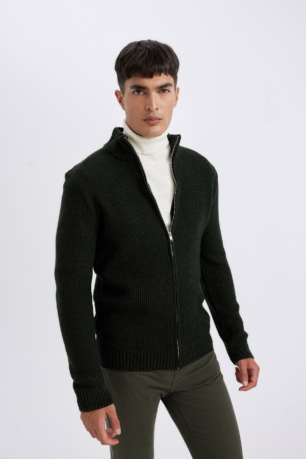 DEFACTO DEFACTO Men's Green Standard Fit Regular Cut Half Turtleneck Waffle Cardigan