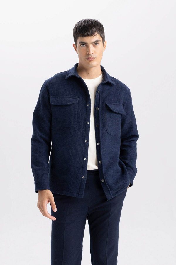 DEFACTO DEFACTO Men's Navy Blue Regular Fit Regular Cut Acrylic Blend Long Sleeve Shirt Jacket