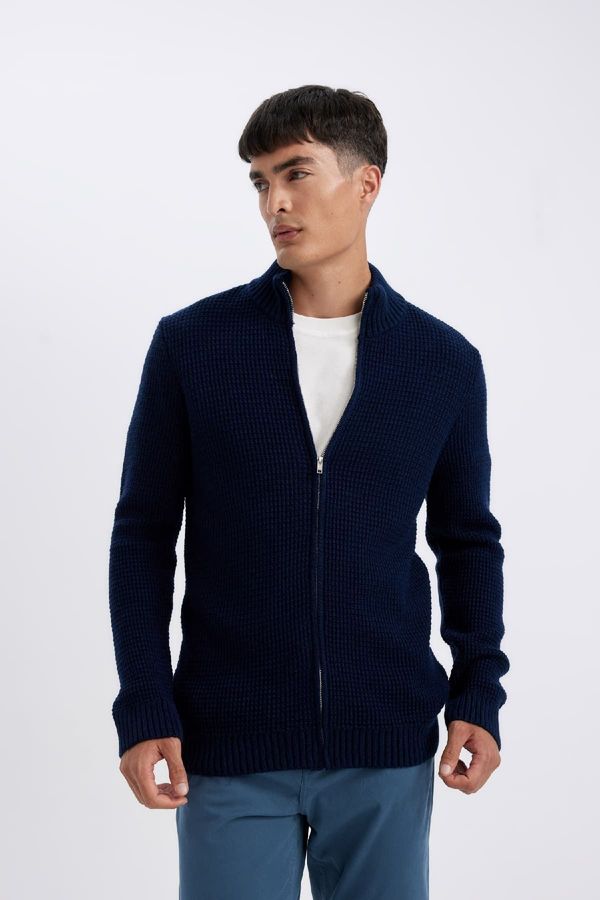 DEFACTO DEFACTO Men's Navy Blue Standard Fit Regular Cut Half Turtleneck Waffle Cardigan