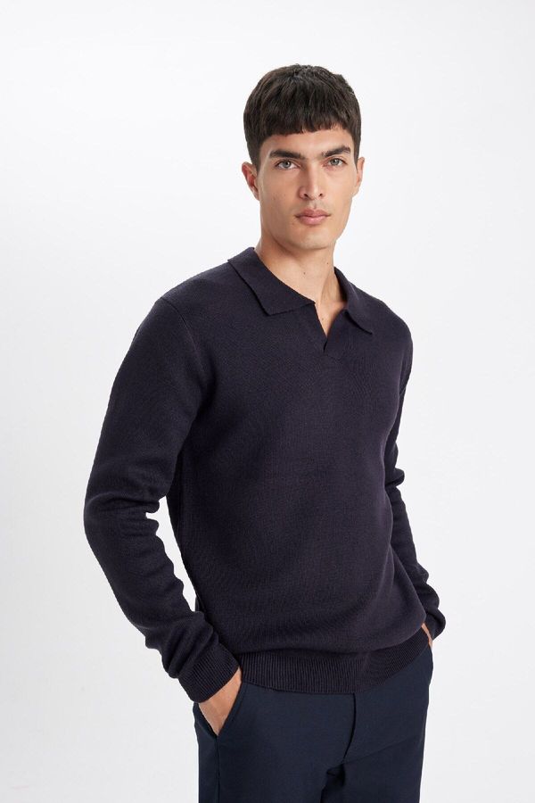 DEFACTO DEFACTO Men's Navy Blue Standard Fit Regular Cut Polo Neck Knitwear Sweater