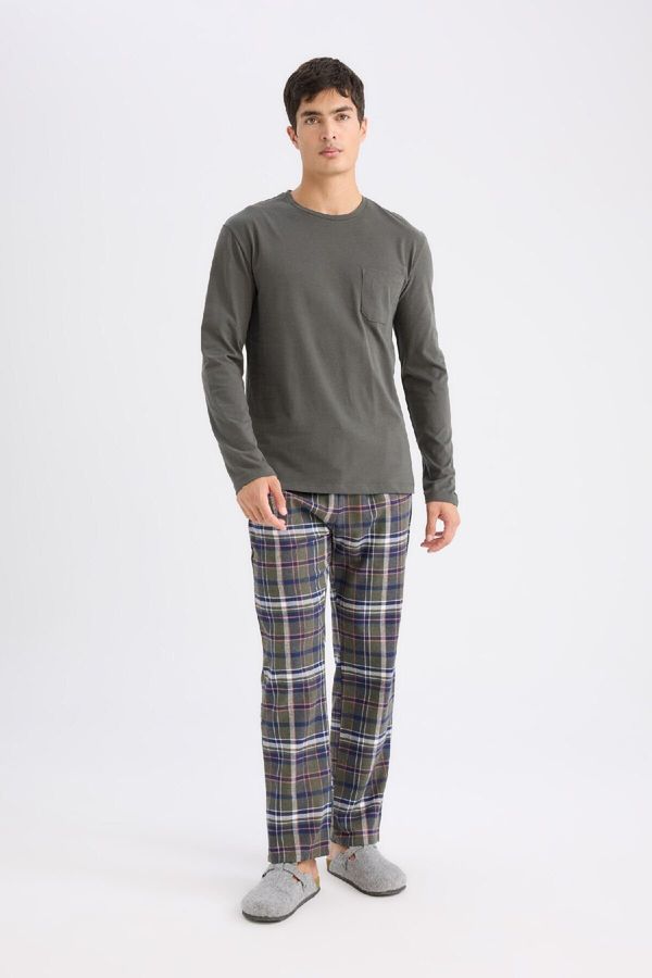 DEFACTO DEFACTO Men's Pajama Set Regular Fit Long Sleeve Basic Plain Top Plaid Bottom