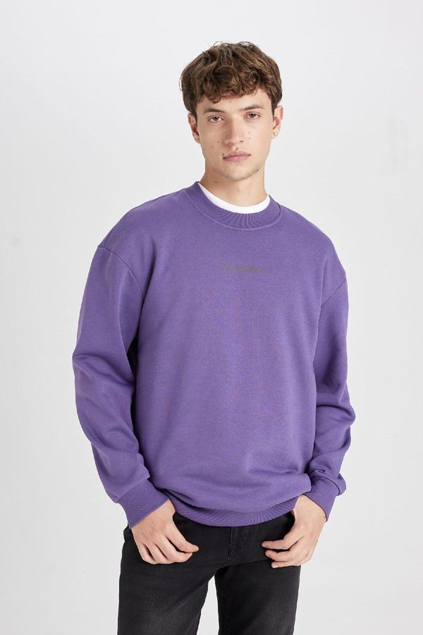 DEFACTO DEFACTO Men's Purple Boxy Fit Crew Neck Printed Sweatshirt