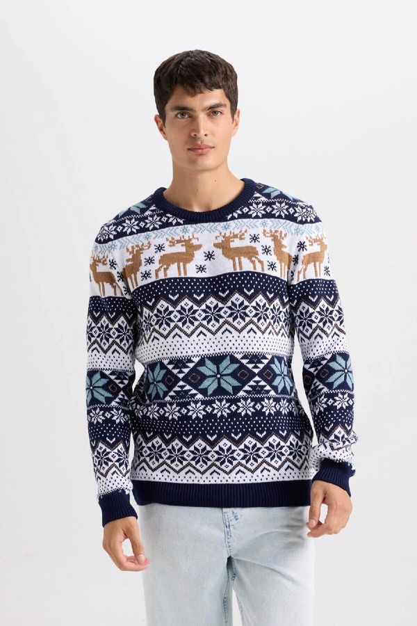 DEFACTO DEFACTO Men's Standard Fit Crew Neck Christmas Themed Knitwear Sweater