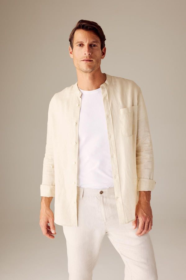 DEFACTO DEFACTO Modern Fit High Neck 100% Linen Long Sleeve Shirt