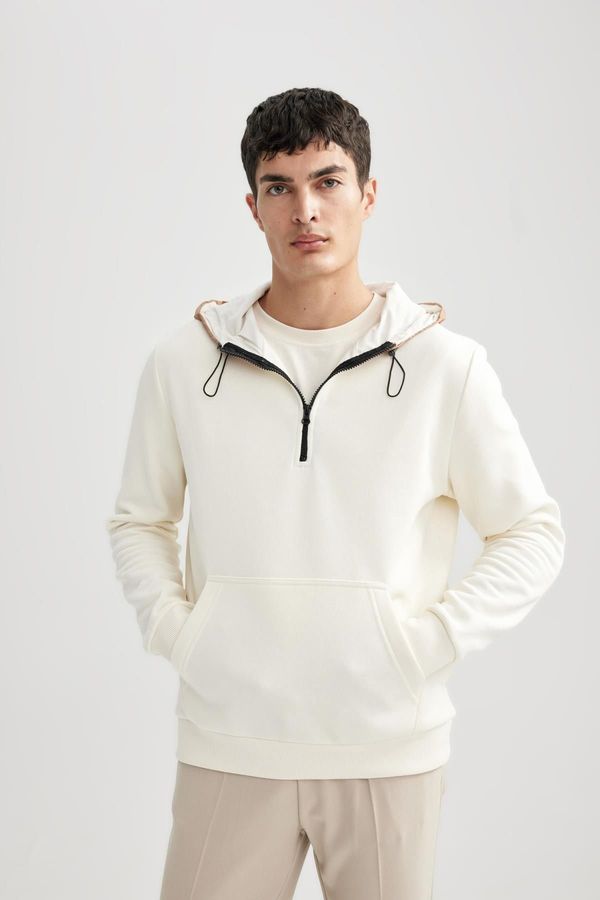 DEFACTO DEFACTO Modern Fit Hooded Half Zipper Kangaroo Pocket Basic Plain Sweatshirt