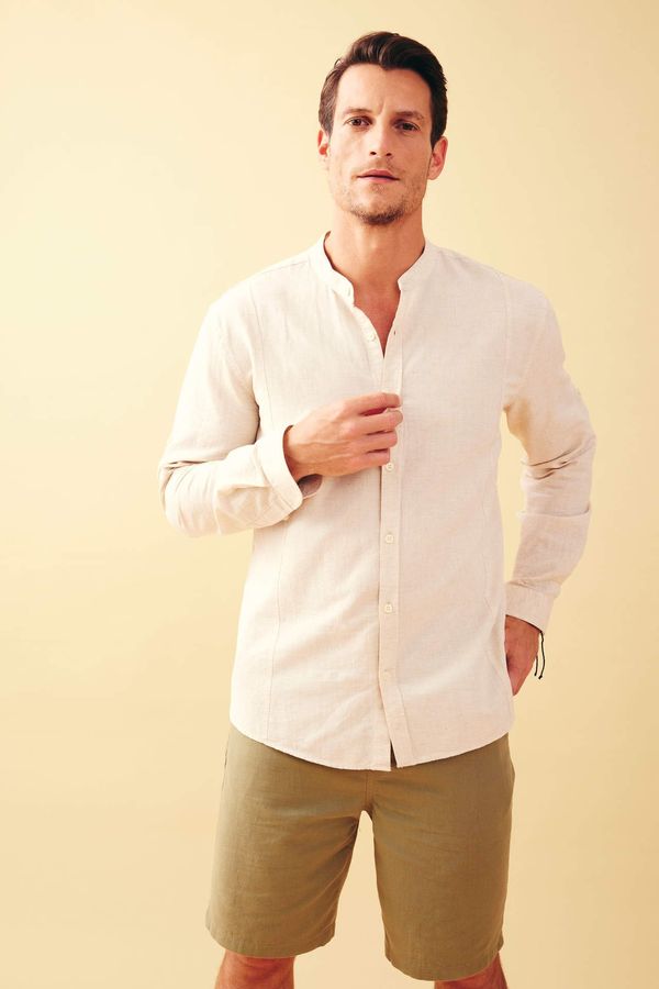 DEFACTO DEFACTO Modern Fit Straight Collar Long Sleeve Linen Blend Shirt