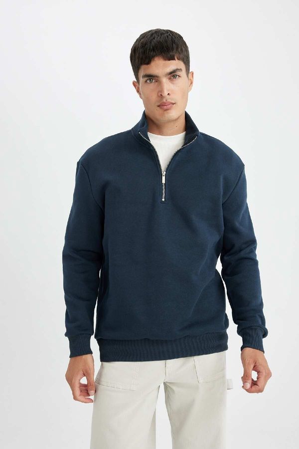 DEFACTO DEFACTO Navy Blue Comfort Regular Fit Casual Pattern Stand Collar Zippered Thick Basic Plain Sweatshirt