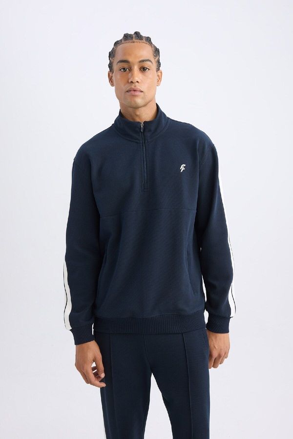 DEFACTO DEFACTO Navy Blue Fit Standard Fit Stand Collar Half Zipper Sportsman Sweatshirt