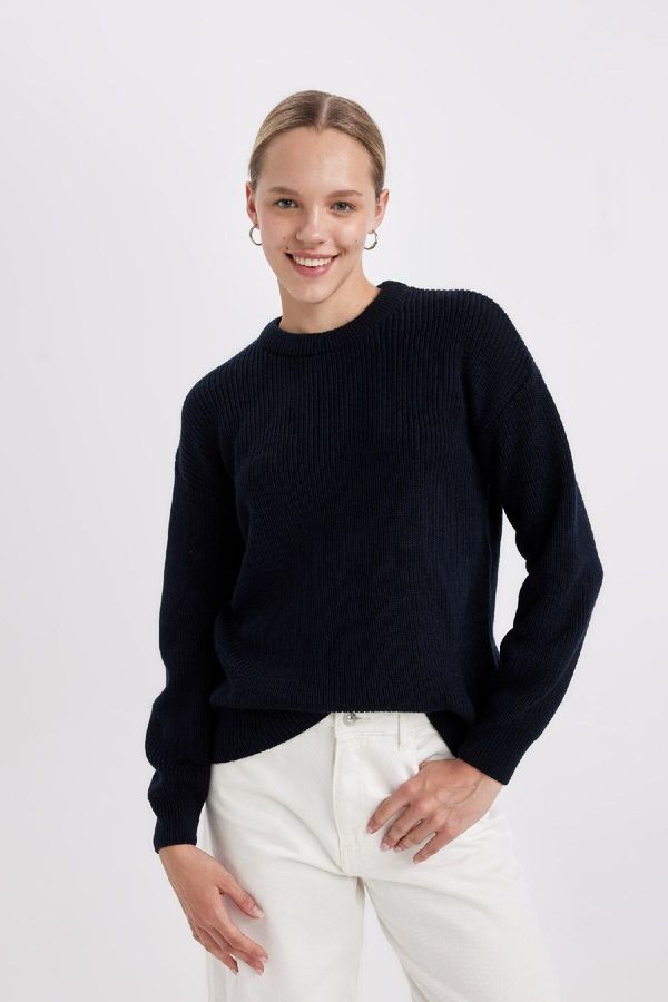 DEFACTO DEFACTO Navy Blue Regular Fit Crew Neck Thessaloniki Fabric Basic Plain Knitwear Sweater