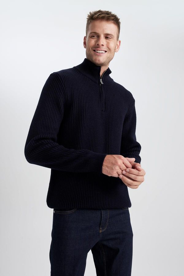 DEFACTO DEFACTO Navy Blue Standard Fit Regular Cut Bato Collar Zippered Basic Plain Knitwear Sweater