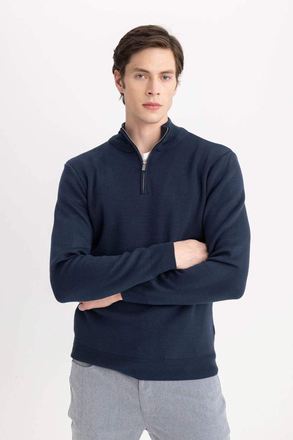 DEFACTO DEFACTO Navy Blue Standard Fit Regular Cut Stand Collar Zippered Basic Plain Knitwear Sweater