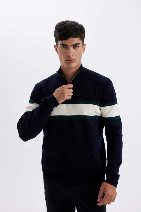 DEFACTO DEFACTO Navy Blue Standard Fit Regular Cut Stand Collar Zippered Striped Knitwear Sweater Y4193az24wn