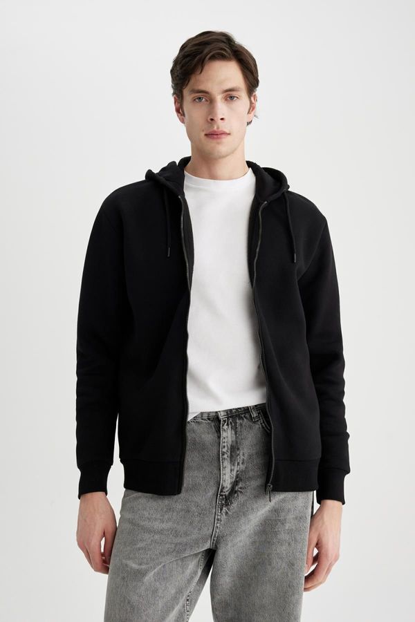 DEFACTO DEFACTO New Regular Fit Hooded Basic Plain Zippered Black Sweatshirt