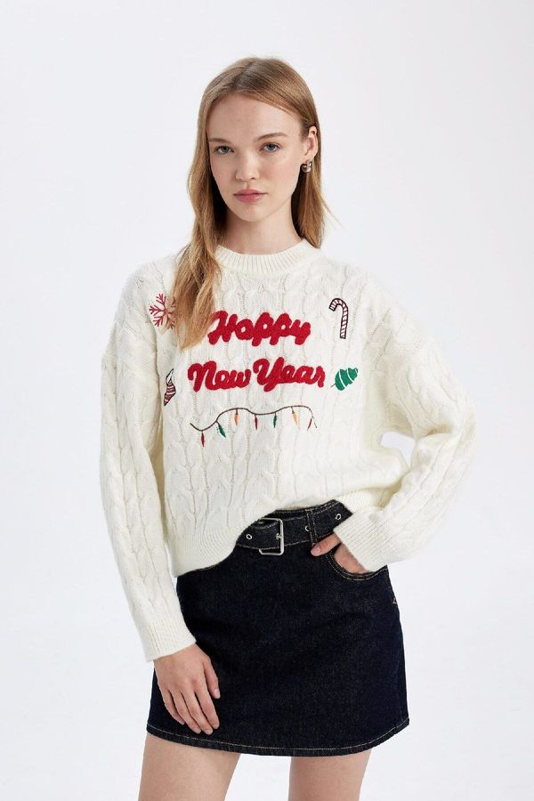 DEFACTO DEFACTO New Year Themed Crew Neck Hair Knitting Patterned Knitwear Sweater