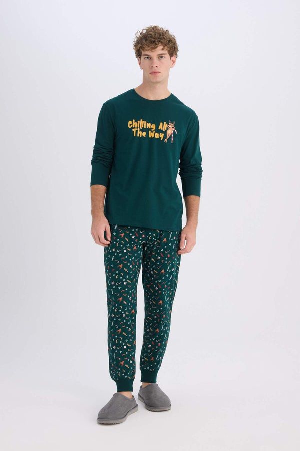 DEFACTO DEFACTO New Year's Themed Pajamas Set Crew Neck Printed Long Sleeve Top Long Bottom