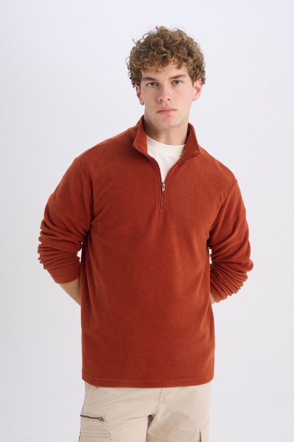 DEFACTO DEFACTO Orange Non-Pilling Cold-Proof Regular Fit Stand-up Collar Zippered Polar Fleece Sweatshirt