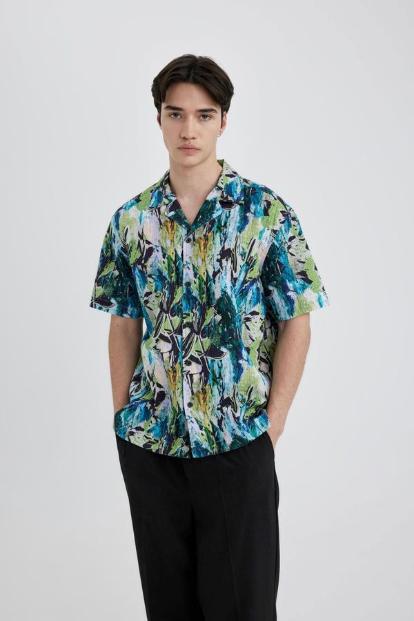 DEFACTO DEFACTO Oversize Fit Cropped Collar Printed Cotton Short Sleeve Shirt