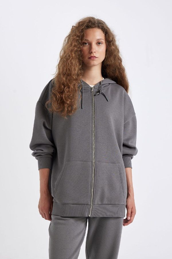 DEFACTO DEFACTO Oversize Fit Hooded Zippered Basic Sweatshirt Cardigan