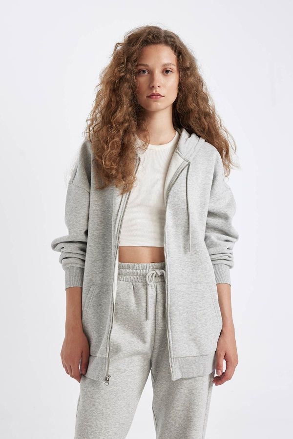 DEFACTO DEFACTO Oversize Fit Hooded Zippered Kangaroo Pocket Basic Plain Sweatshirt Cardigan