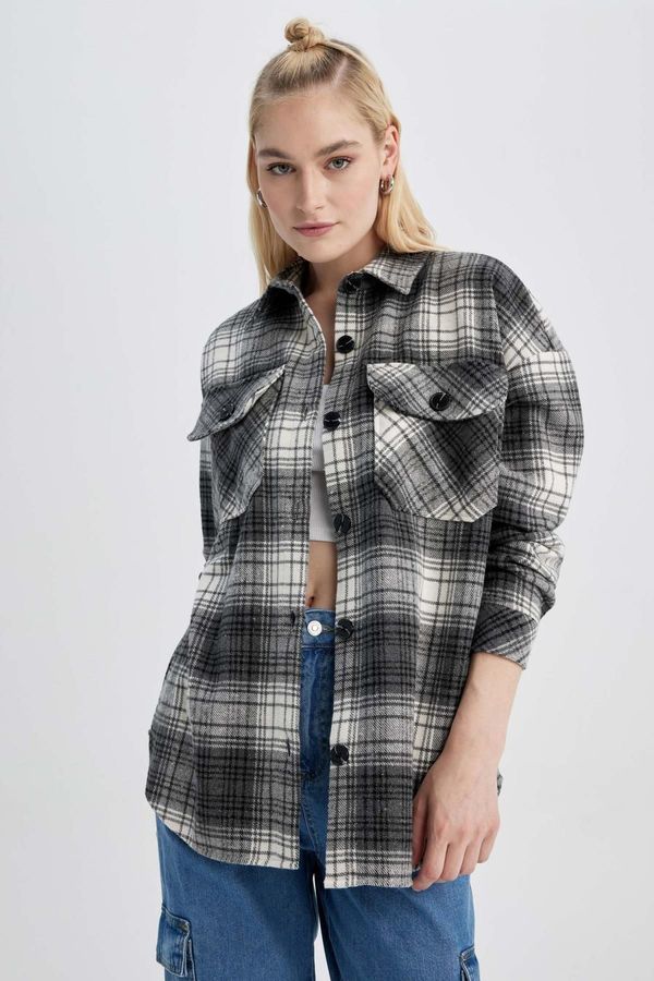 DEFACTO DEFACTO Oversize Fit Shirt Collar Flannel Long Sleeve Tunic