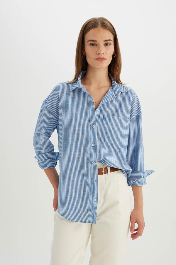 DEFACTO DEFACTO Oversize Fit Striped Linen Look Long Sleeve Shirt