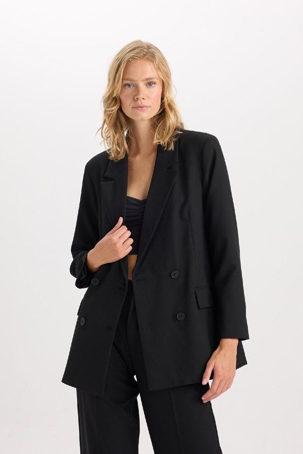 DEFACTO DEFACTO Oversize Fit Wide Mold Jacket Collar Button Closure Taffeta Basic Plain Blazer Jacket