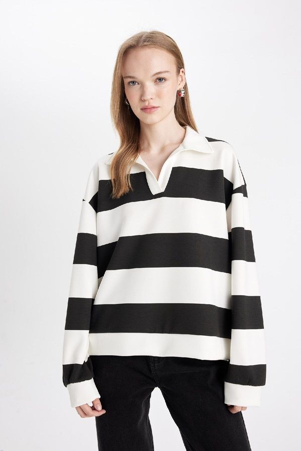 DEFACTO DEFACTO Oversize Fit Wide Mold Striped Polo Neck Thick Sweatshirt