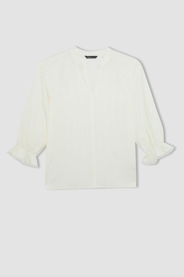 DEFACTO DEFACTO Oversize Fit Wide Mold V Neck Crinkle Fabric Long Sleeve Blouse