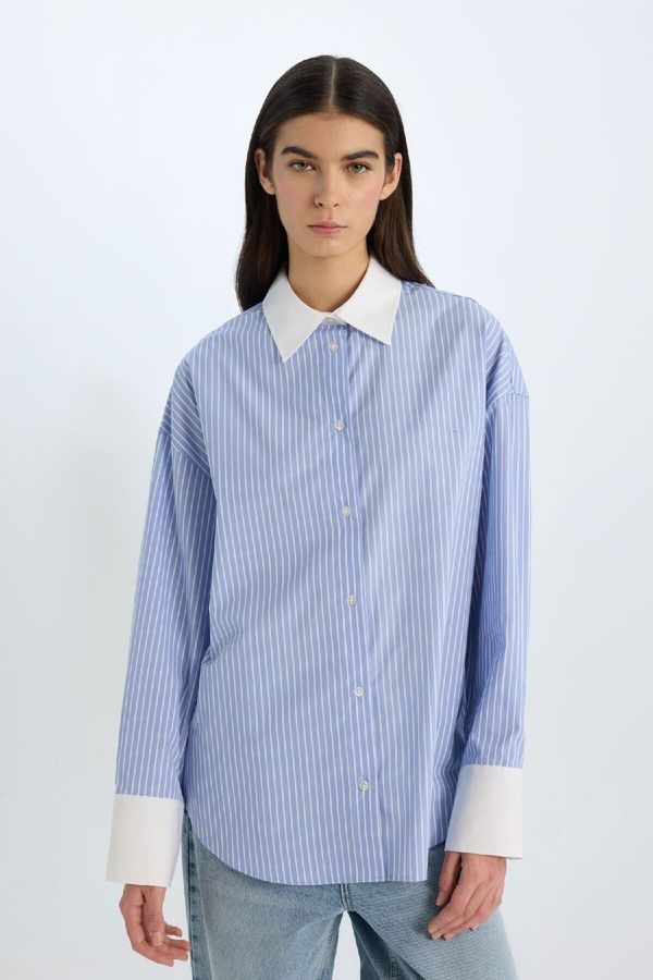 DEFACTO DEFACTO Oversize Wide Fit Striped Poplin Long Sleeve Shirt