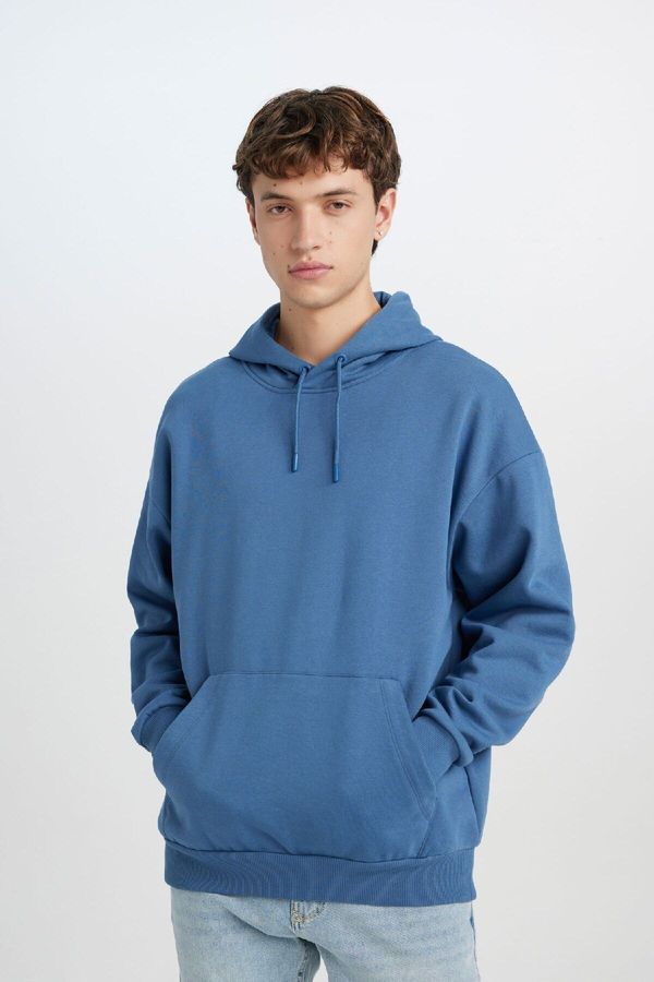 DEFACTO DEFACTO Oversize Wide Pattern Hooded Kangaroo Pocket Basic Plain Sweatshirt