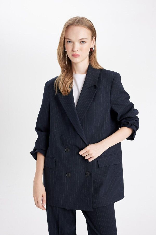 DEFACTO DEFACTO Oversize Wide Pattern Jacket Buttoned Collar Taffeta Basic Plain Blazer Jacket